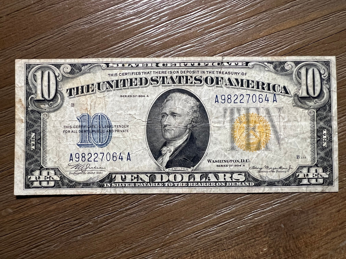 1934A $10 Silver Certificate Yellow Seal North Africa WWII Emergency Note Fr2309v