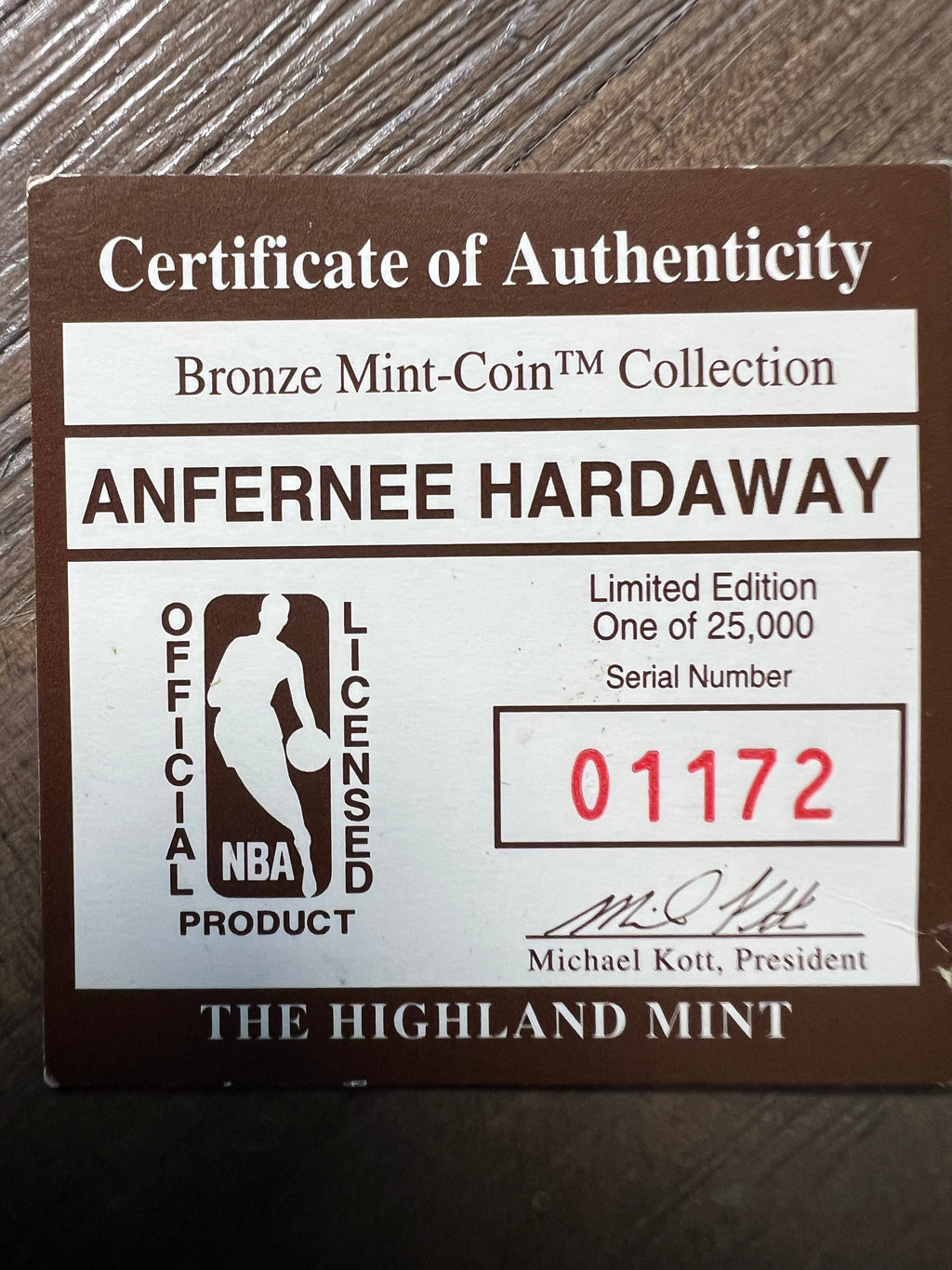 Highland Mint Anfernee Hardaway Bronze Coin Orlando Magic /25000