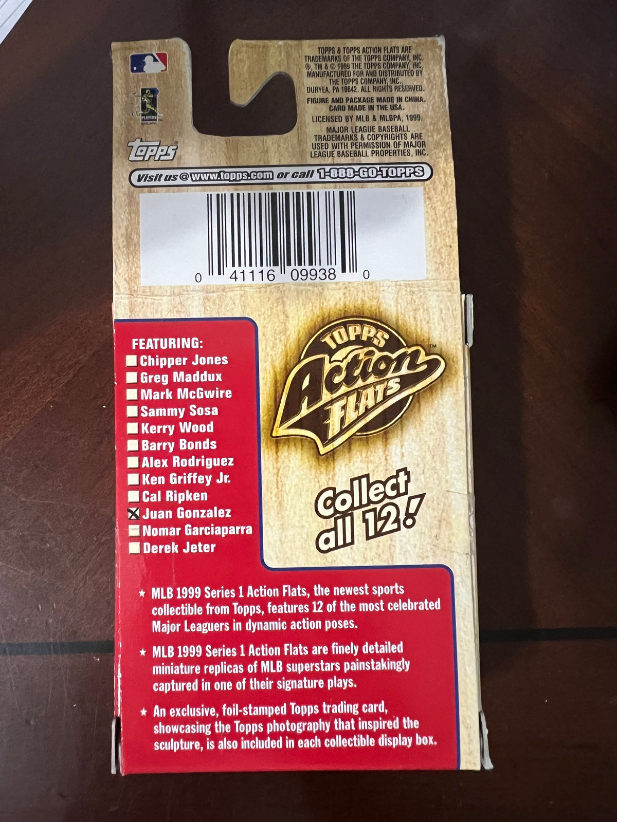 1999 Topps Action Flats Series 1 Juan Gonzalez Texas Rangers Figure Card Box