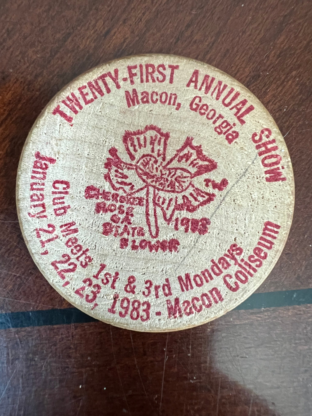 1983 Middle Georgia Coin Club Wooden Dollar Token 25th Anniversary Macon GA