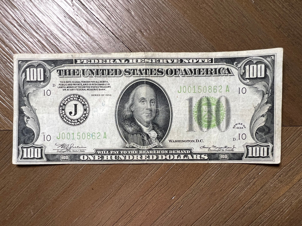1934 Series $100 Federal Reserve Note Kansas City Light Green Seal
