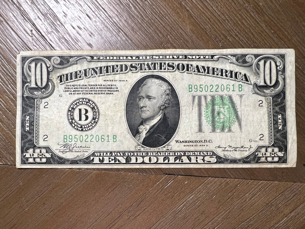 Series 1934A $10 New York Federal Reserve Note Lime Green Seal Hamilton