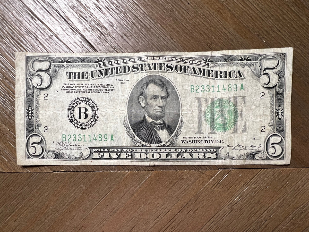 1934 $5 Federal Reserve Note New York Light Green Seal Lincoln