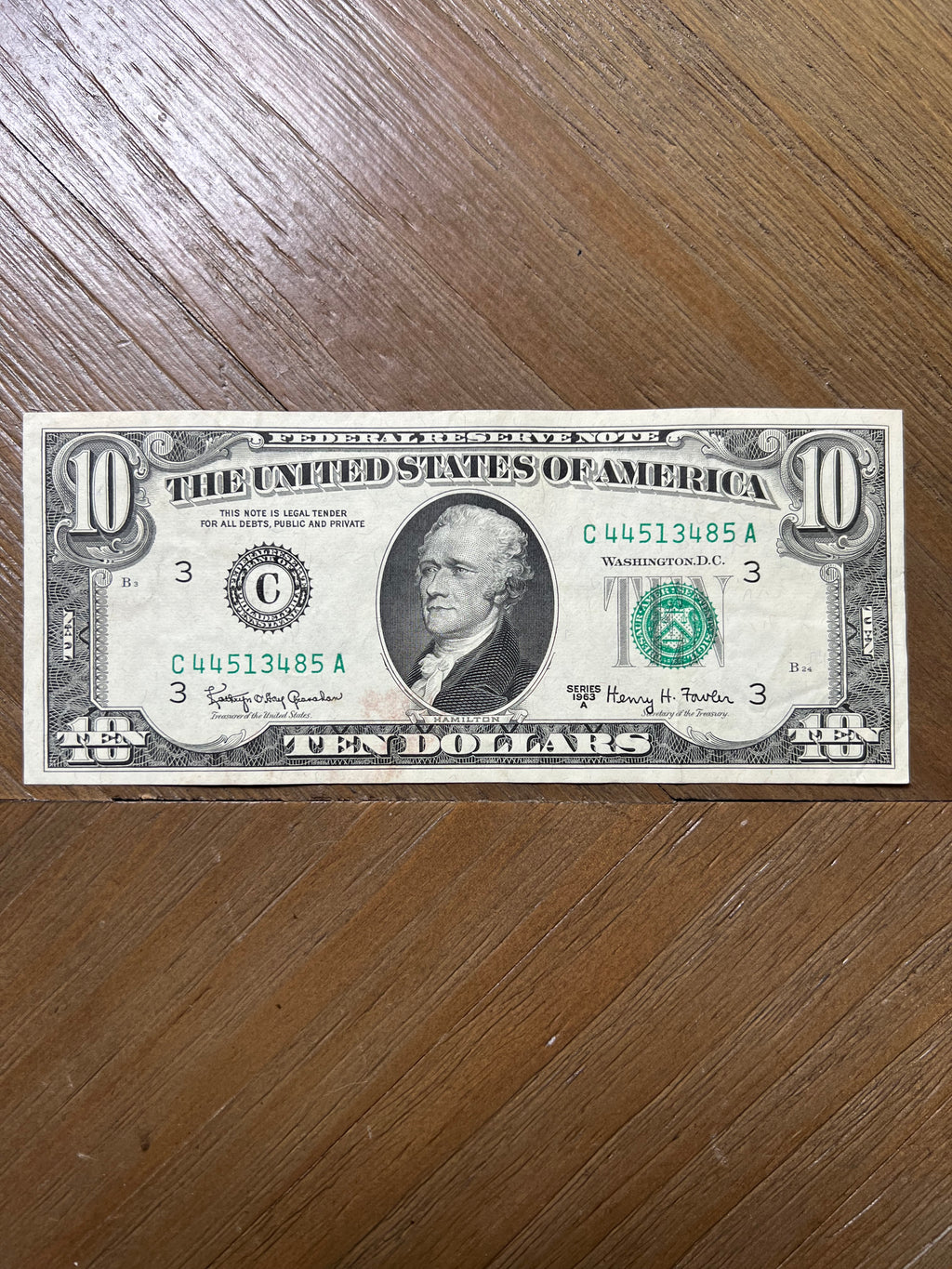 Series 1963A $10 Federal Reserve Note Philadelphia Green Seal Hamilton