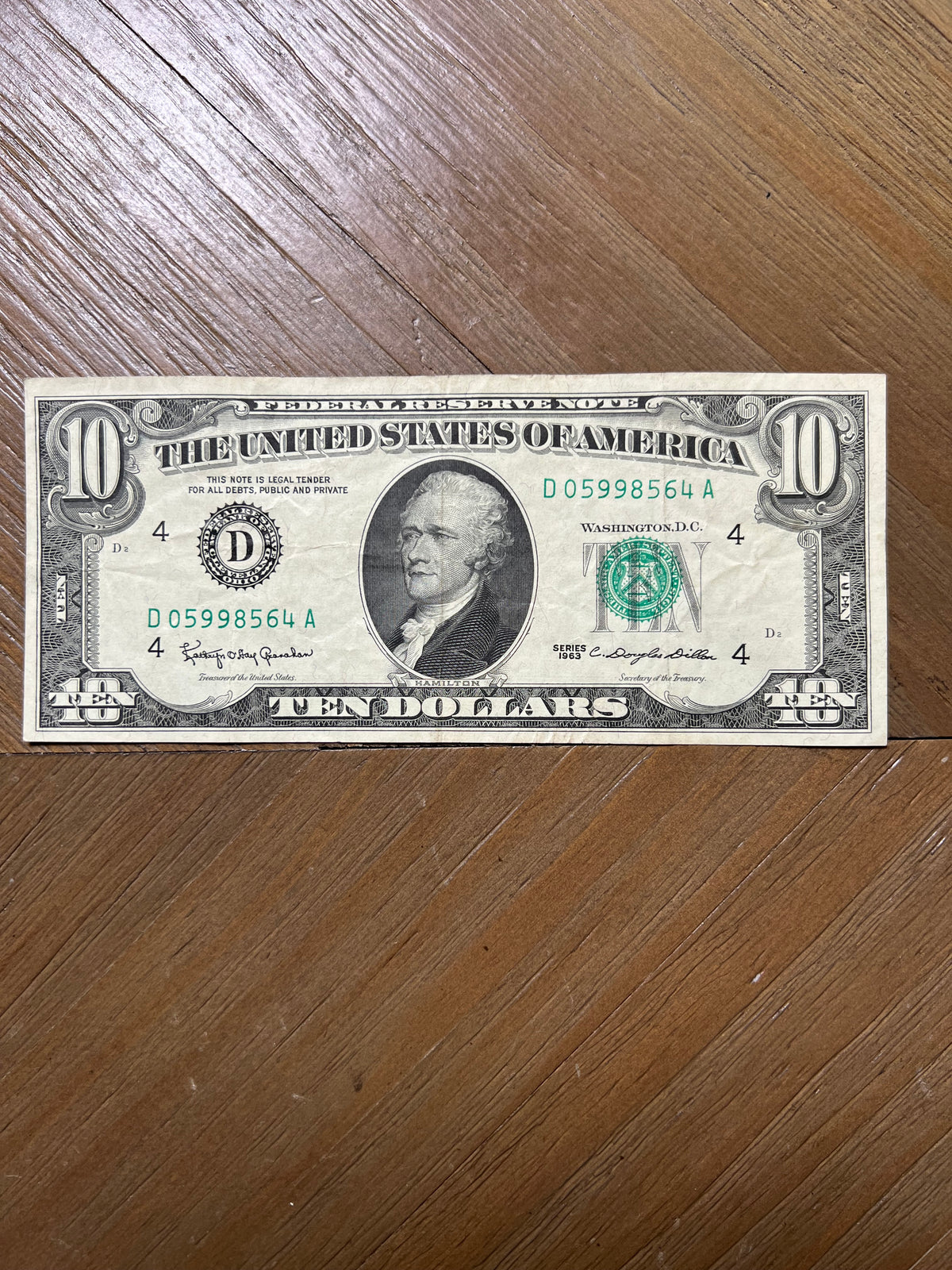 Series 1963 $10 Federal Reserve Note Cleveland Green Seal Hamilton