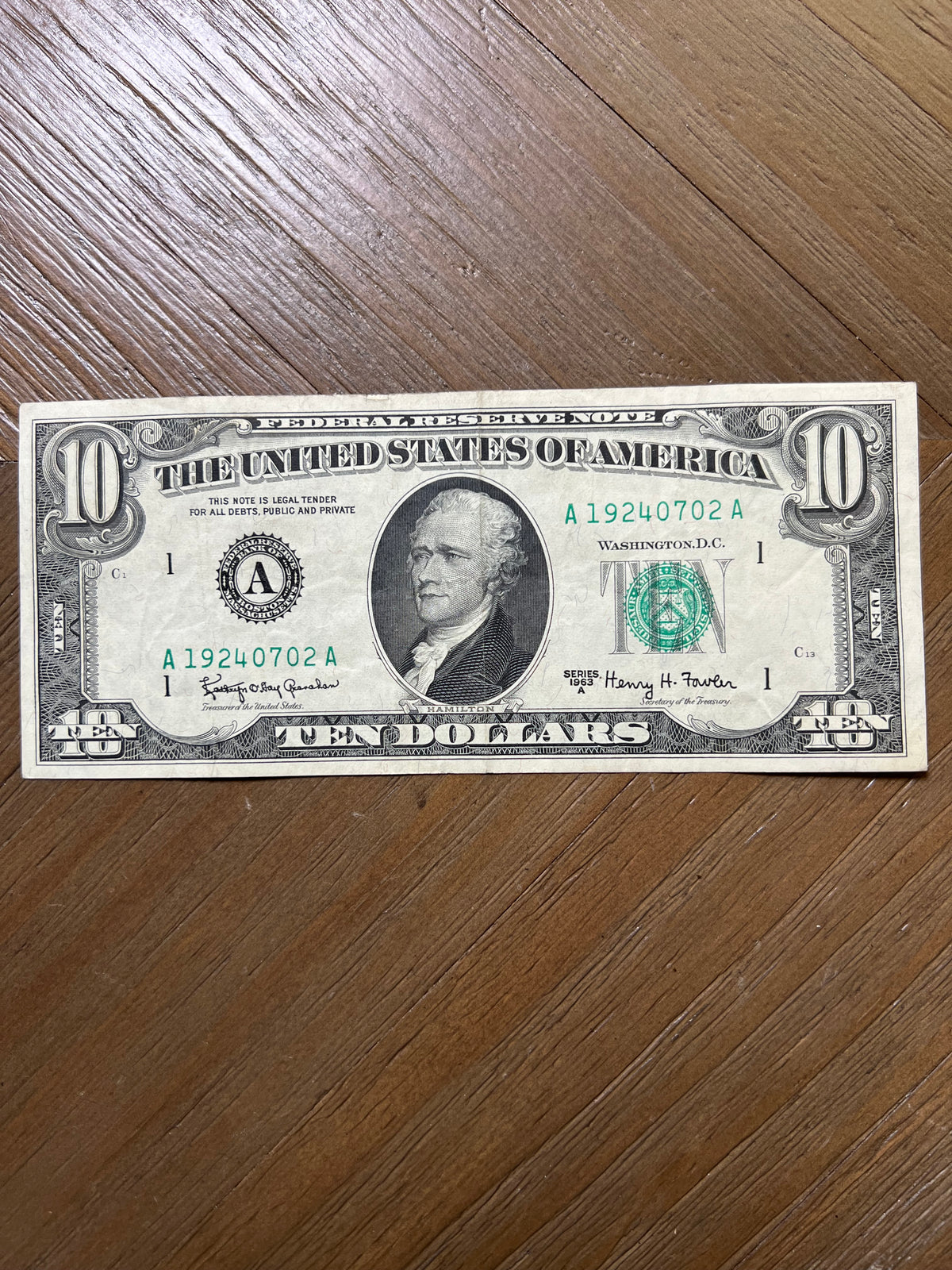 Series 1963A $10 Federal Reserve Note Boston Green Seal Hamilton