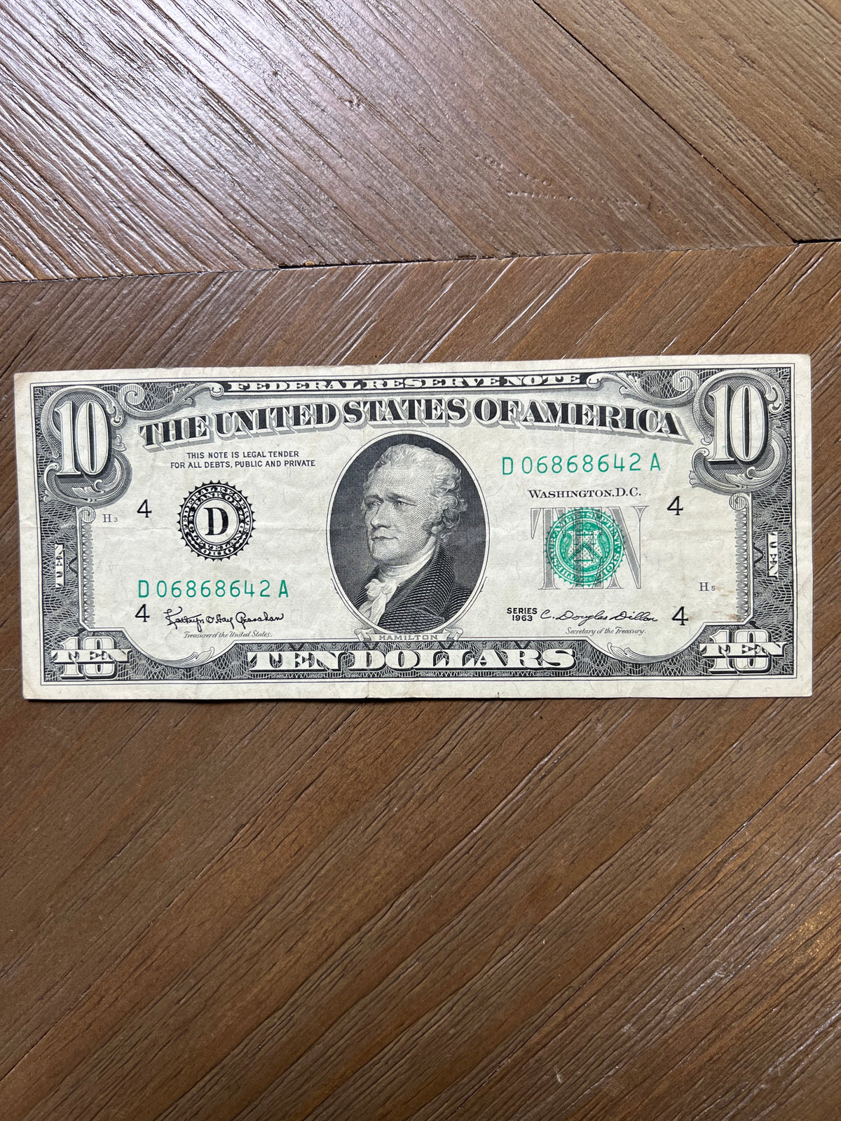Series 1963 $10 Federal Reserve Note Cleveland Green Seal Hamilton