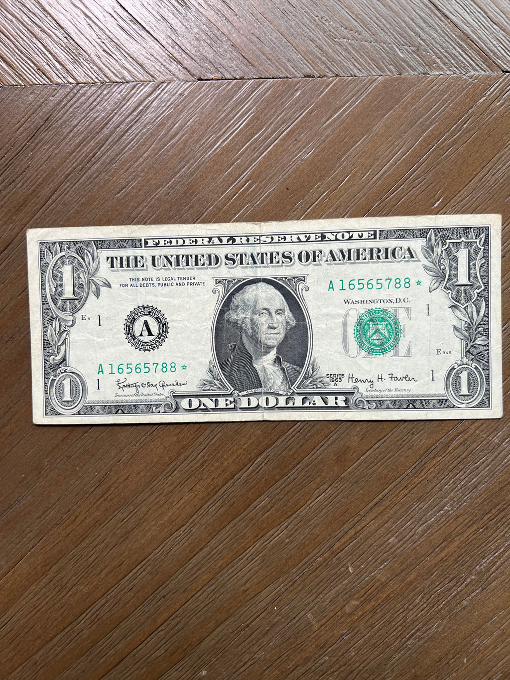 Series 1963A $1-Federal Reserve Note Boston Green Seal Star Note