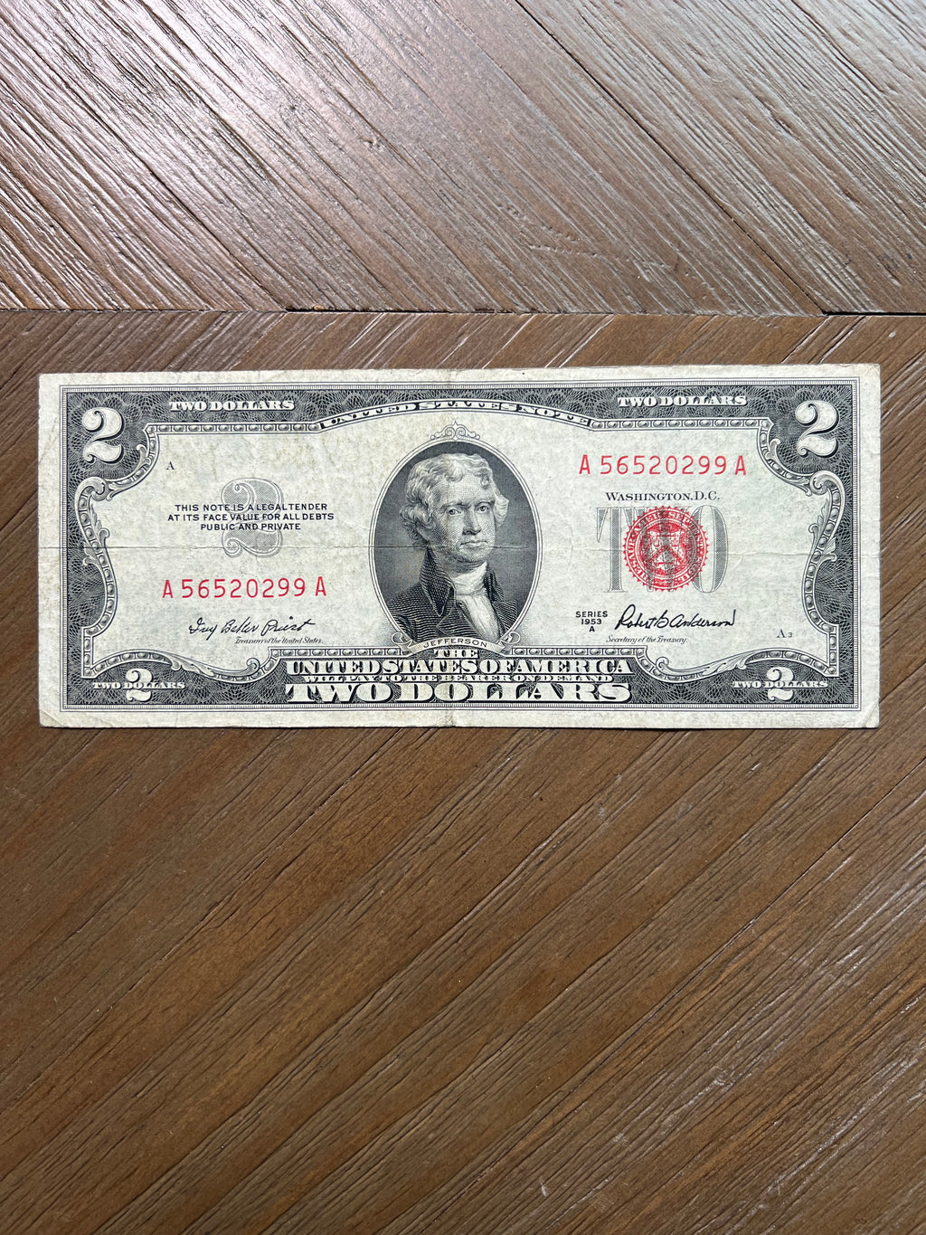 Series 1953A $2 United States Note Red Seal Jefferson Monticello