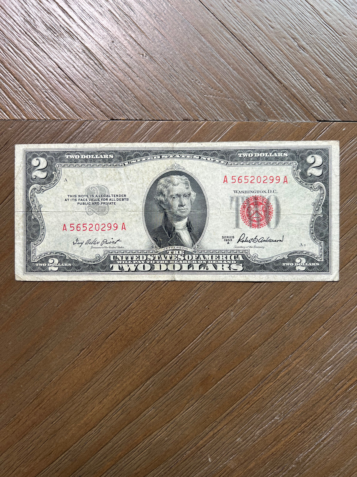 Series 1953A $2 United States Note Red Seal Jefferson Monticello