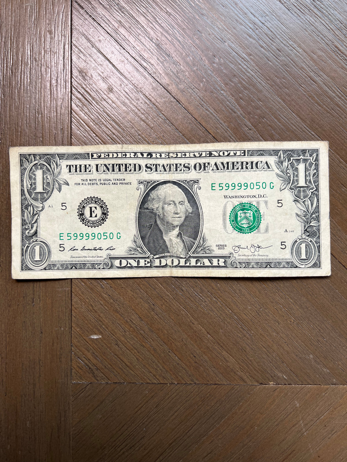Series 2013 $1 Richmond Federal Reserve Note 59999050 Trinary Fancy Serial