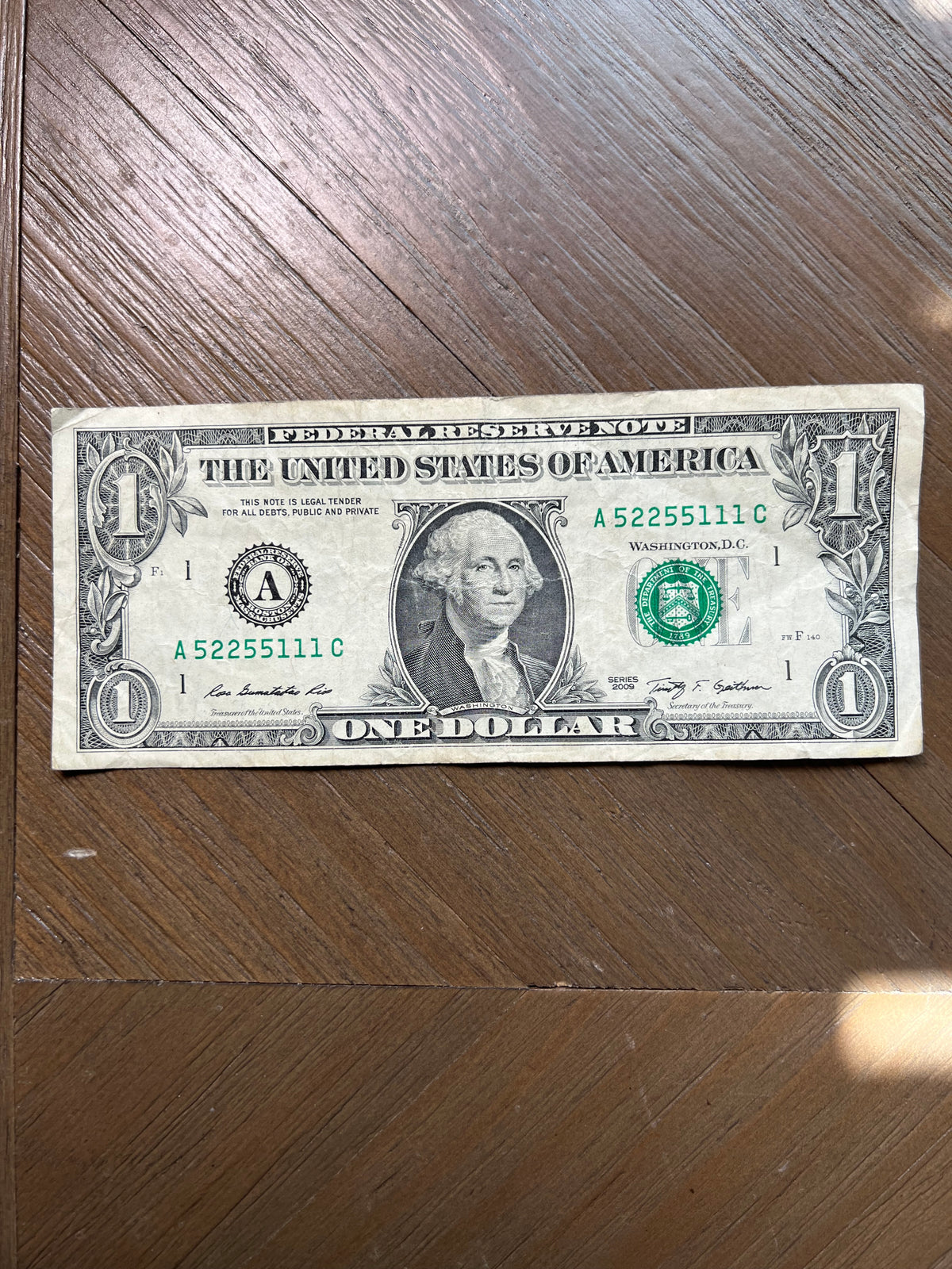 Series 2009 $1 Boston Federal Reserve Note A52255111C Trinary Fancy Serial
