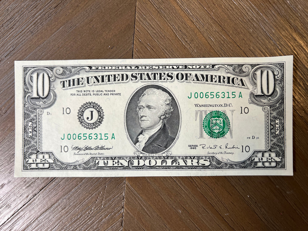 1995 $10 Federal Reserve Note Kansas City Small Head Green Seal Fr. 2033-J
