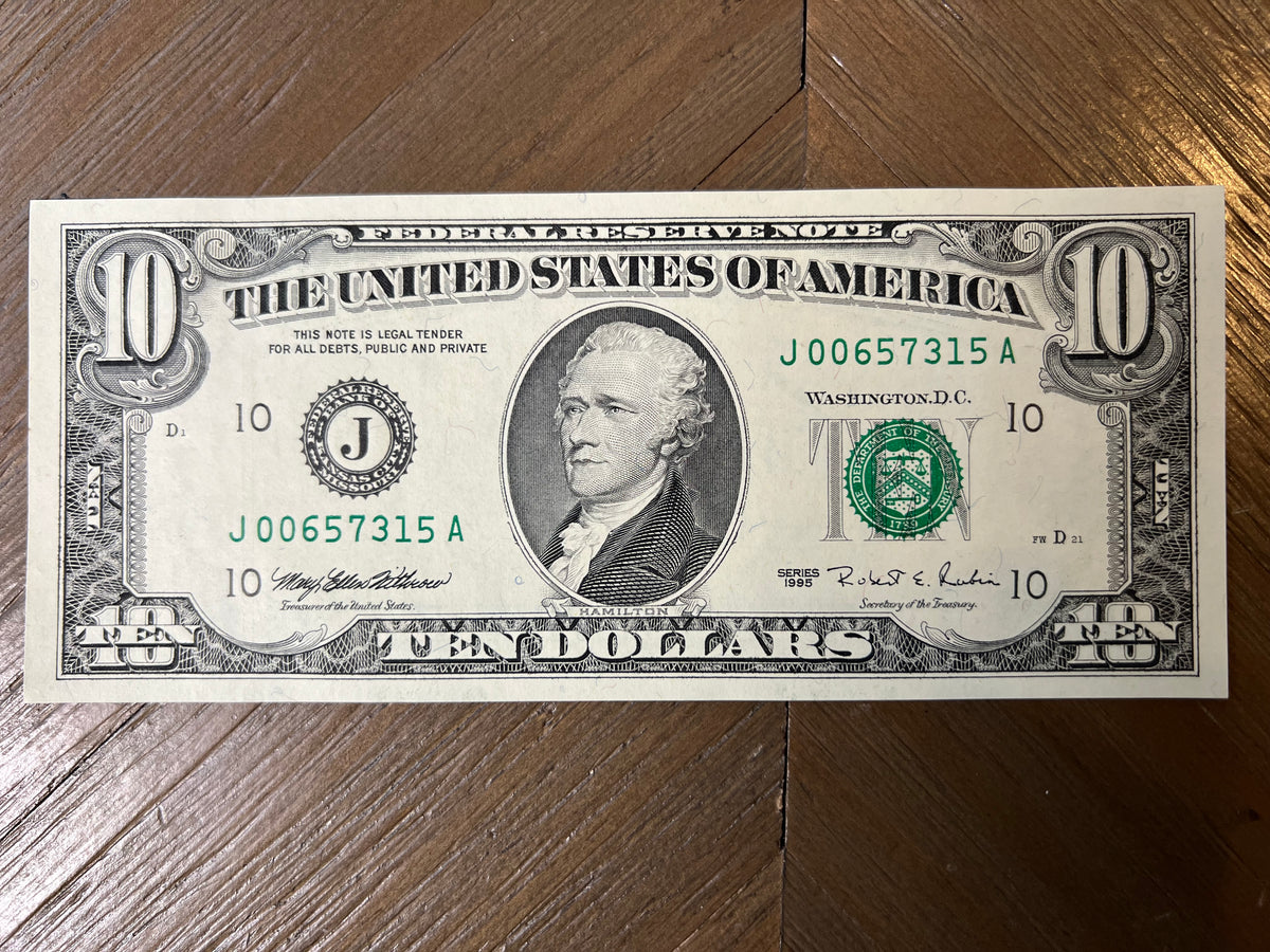 1995 $10 Federal Reserve Note Kansas City J-10 Fr. 2031-J Fort Worth Small Head