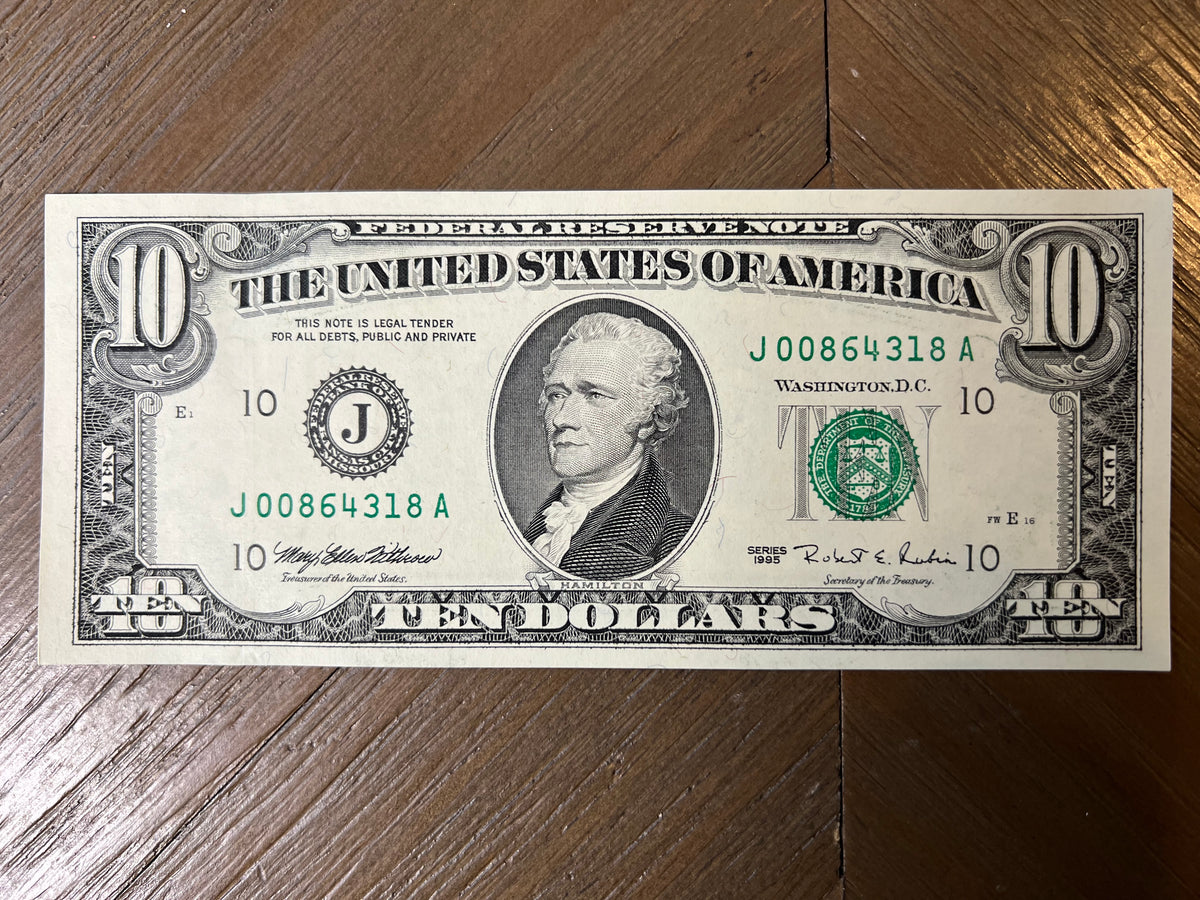 1995 $10 Federal Reserve Note Kansas City J-10 Fr. 2031-J Fort Worth Small Head