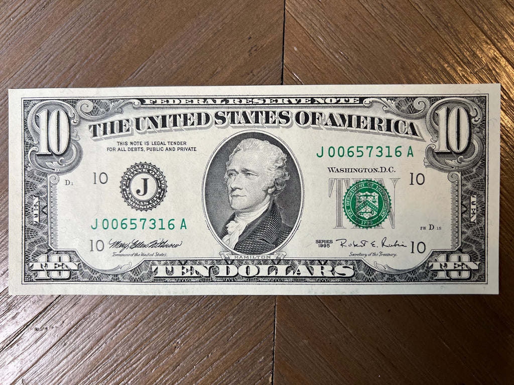 1995 $10 Federal Reserve Note Kansas City J-10 Fr. 2031-J Fort Worth Small Head