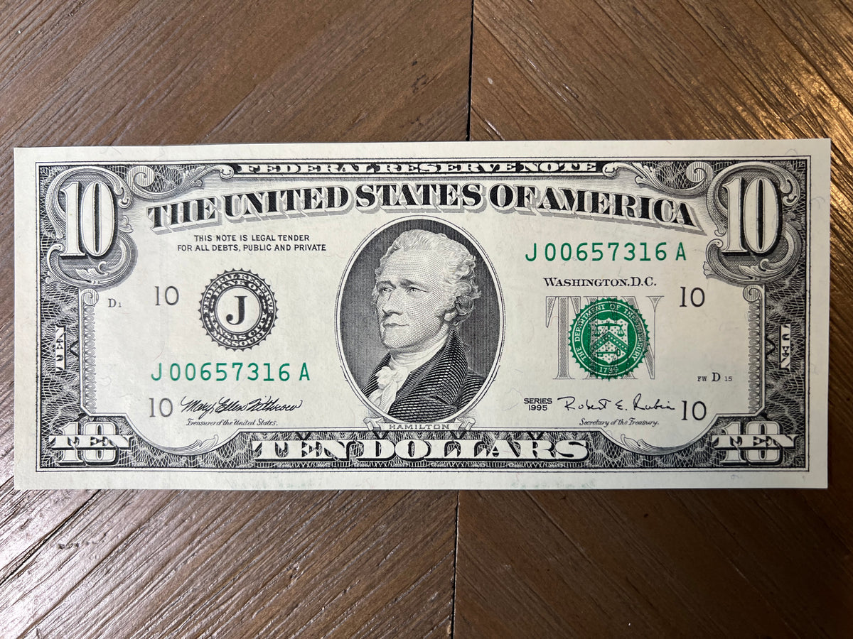 1995 $10 Federal Reserve Note Kansas City J-10 Fr. 2031-J Fort Worth Small Head