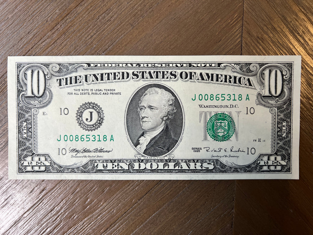 1995 $10 Federal Reserve Note Kansas City J-10 Fr. 2031-J Fort Worth Small Head