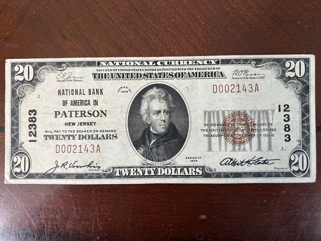 1929 $20 National Bank Note Paterson NJ Charter 12383 Fr. 1802-1 Brown Seal