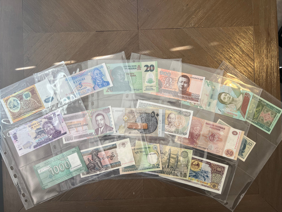 17 World Banknote Collection Lot with 3-Pocket Album Display Pages
