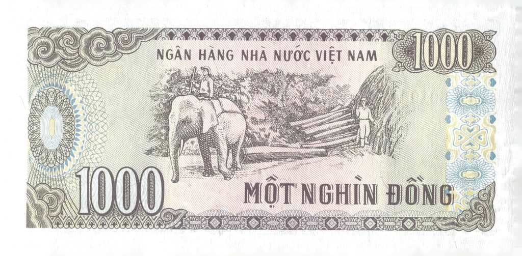 1988 Vietnam 1000 Dong Banknote Ho Chi Minh Elephant Logging P-106 Note