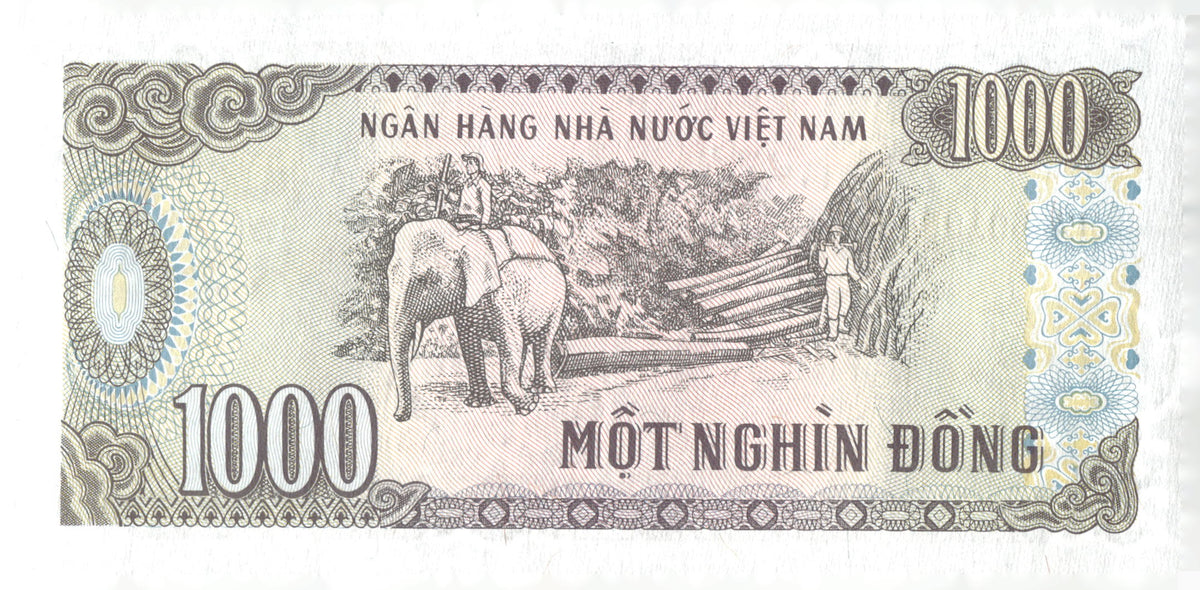 1988 Vietnam 1000 Dong Banknote Ho Chi Minh Elephant Logging P-106 Note