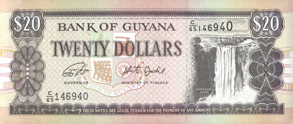 Guyana 20 Dollars Banknote Kaieteur Falls Ferry Malali P-35 Note