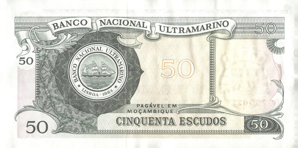 1970 Mozambique 50 Escudos Banknote Banco de Moçambique Overprint P-118