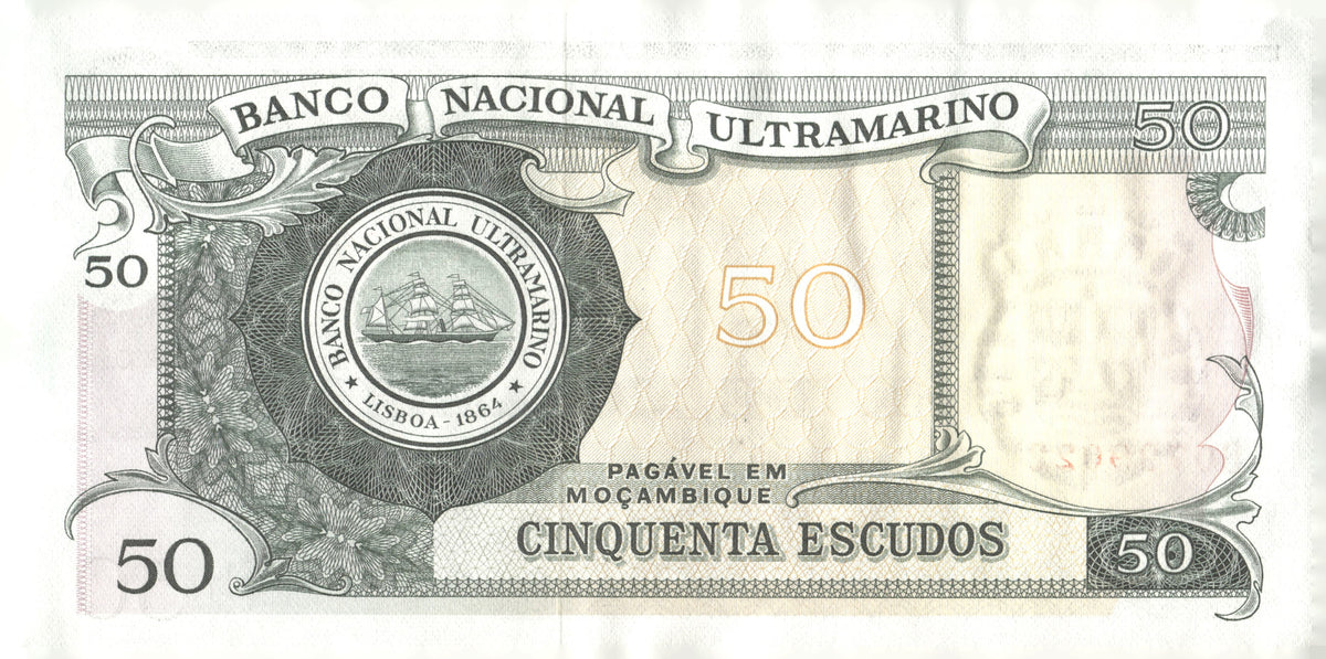 1970 Mozambique 50 Escudos Banknote Banco de Moçambique Overprint P-118