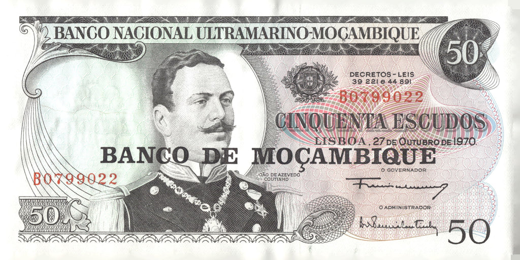 1970 Mozambique 50 Escudos Banknote Banco de Moçambique Overprint P-118
