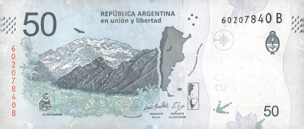 2018 Argentina 50 Pesos Banknote Andean Condor Cerro Aconcagua P-363