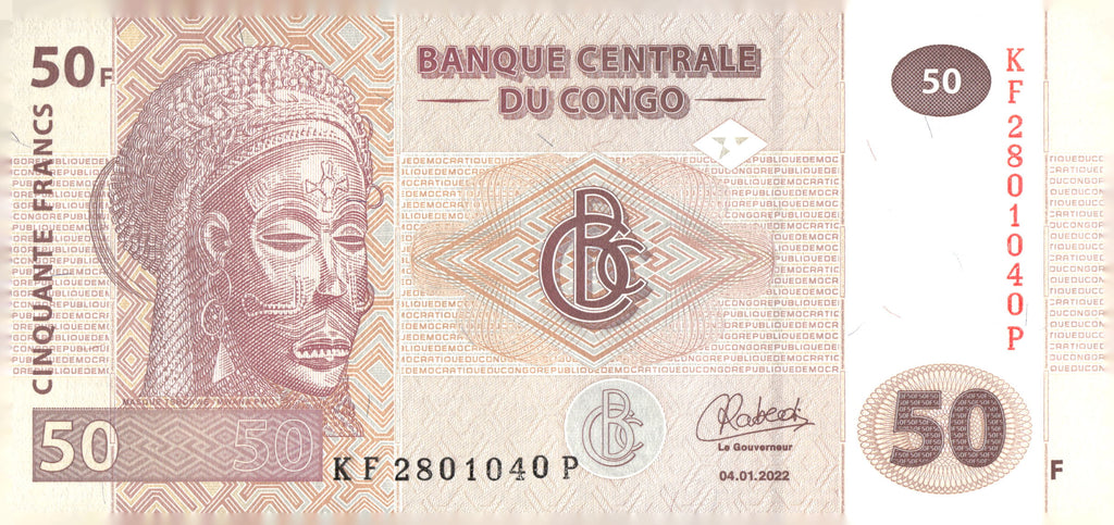 2022 DR Congo 50 Francs Banknote Mask Fishing Village P-96b