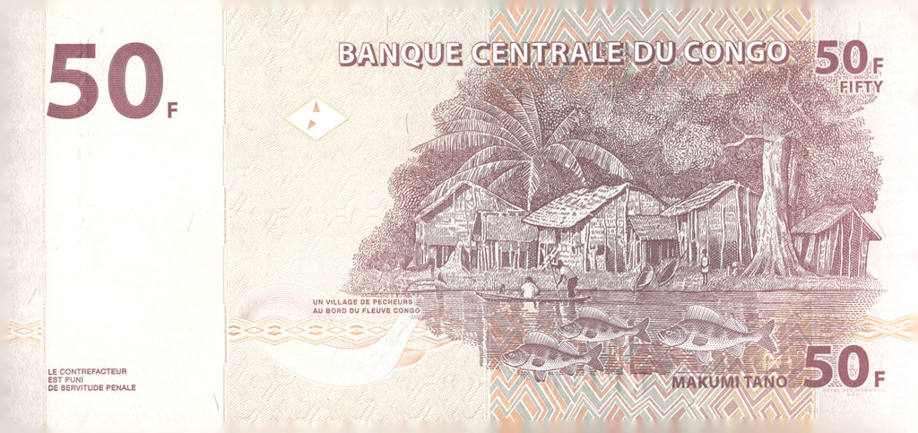 2022 DR Congo 50 Francs Banknote Mask Fishing Village P-96b