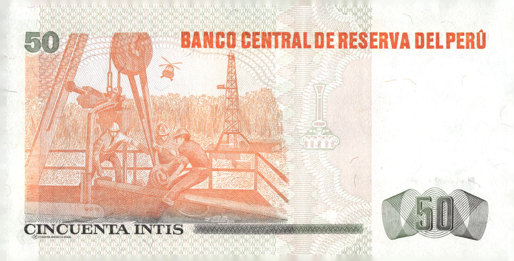 1987 Peru 50 Intis Banknote Nicolas de Pierola Oil Rig P-137 Note