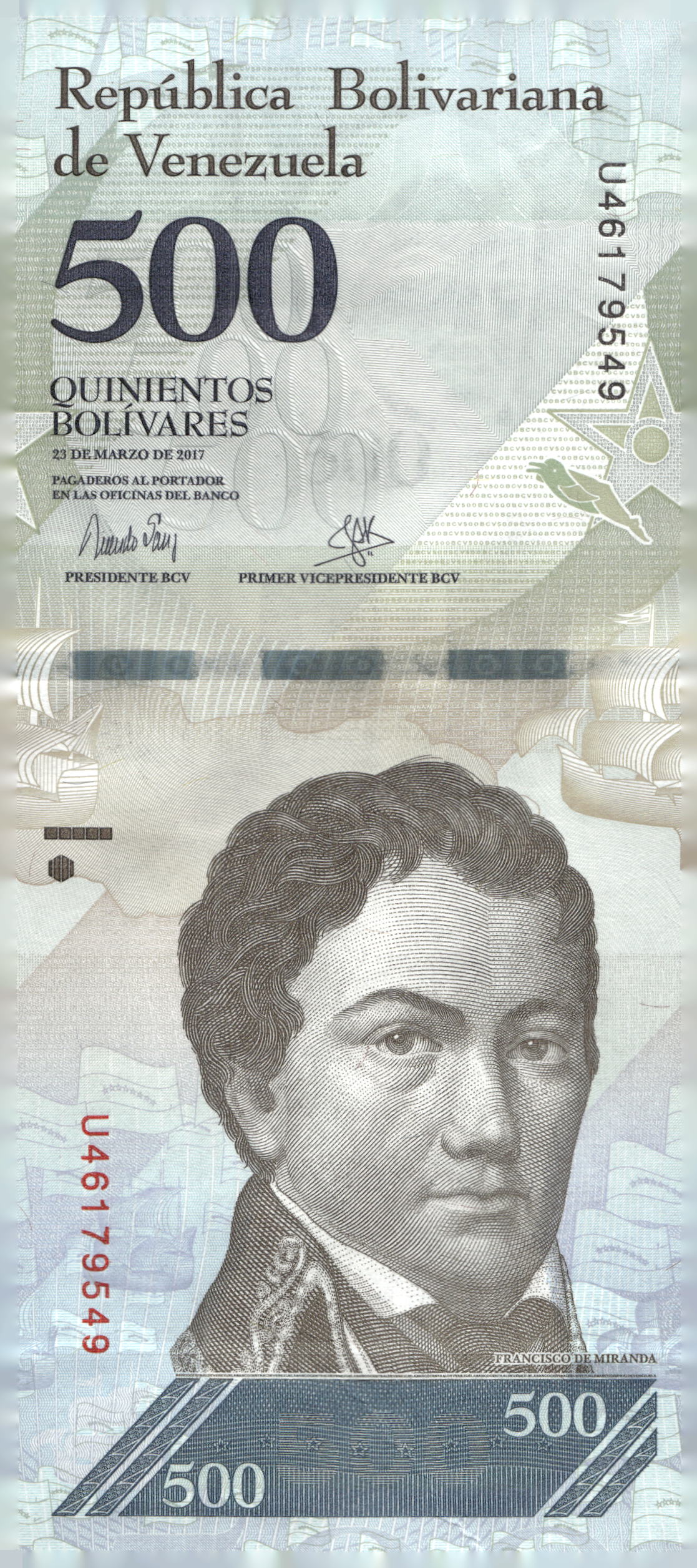 2017 Venezuela 500 Bolivares Banknote Francisco de Miranda Toninas Dolphin