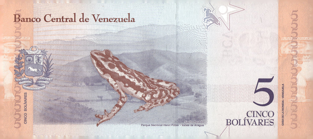 2018 Venezuela 5 Bolivares Banknote Jose Felix Ribas Sapito Rayado Currency Frog