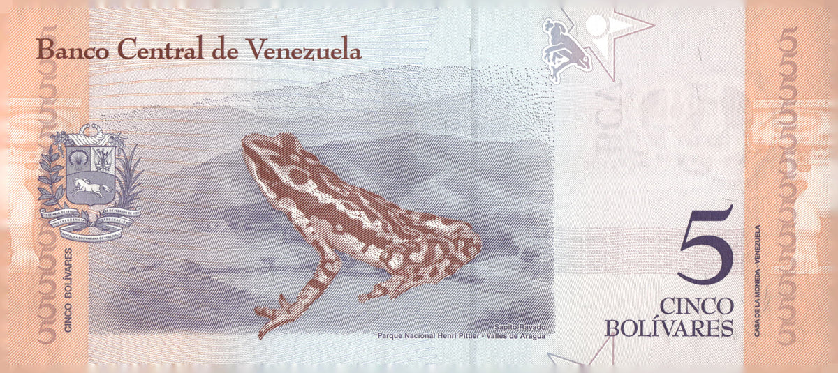 2018 Venezuela 5 Bolivares Banknote Jose Felix Ribas Sapito Rayado Currency Frog