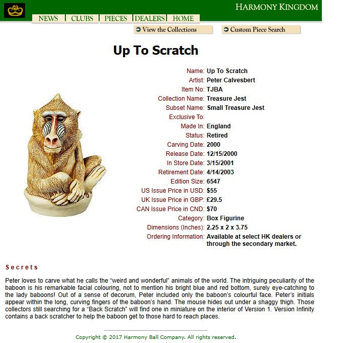2000 Harmony Kingdom Up To Scratch Baboon Box Figurine